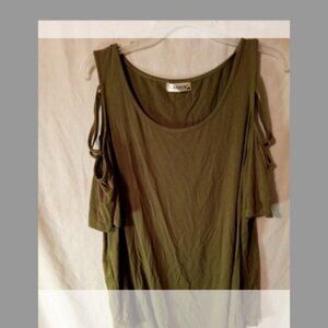 (Q) Igenjun Woman's Criss Cross Cold Shoulder Blouse 2X Olive Green